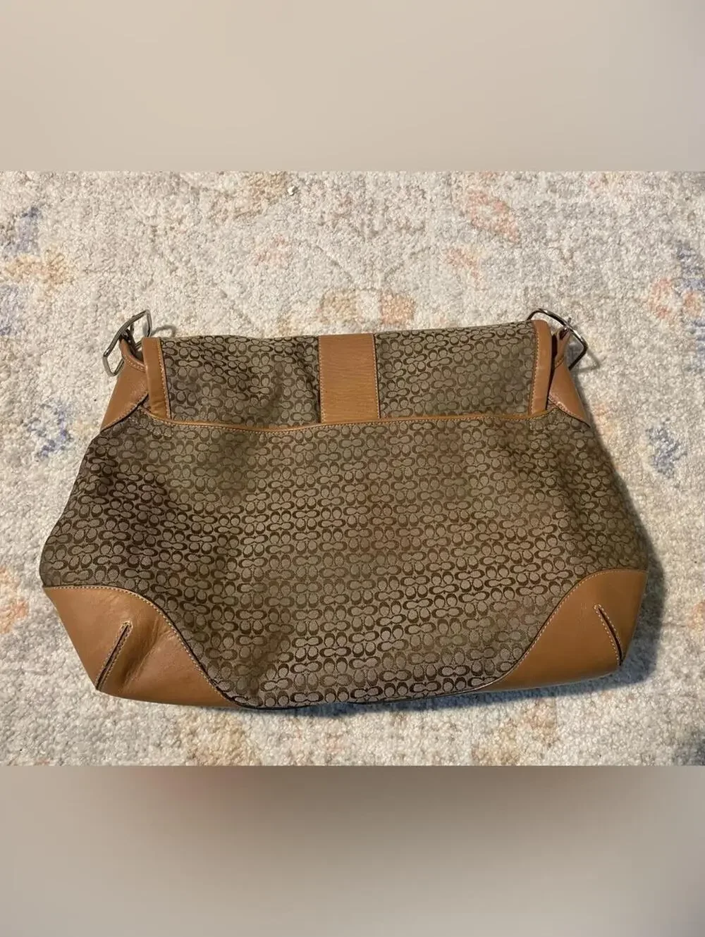 Coach Brown Signature Canvas Shoulder Bag with Tan Leather Trim